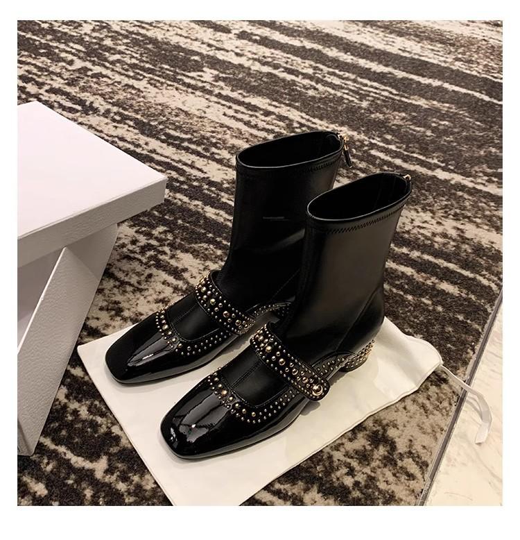 Spot Second Hair! Fashion Versatile New Square Head Rivet Rear Zipper Medium and High Elastic Boots Women's Thin Short Boots