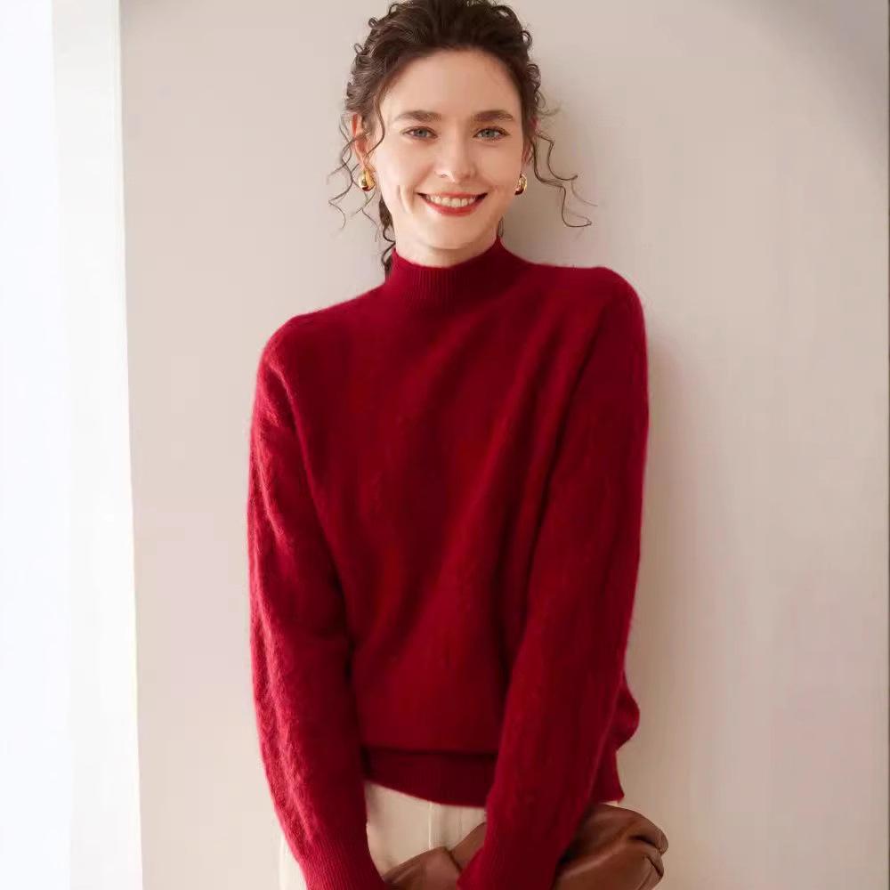 2024 Autumn/Winter Cashmere Sweater: Ladies' Half-High Neck, Wheat Ear Jacquard, Korean-Style Loose Slimming Knitwear