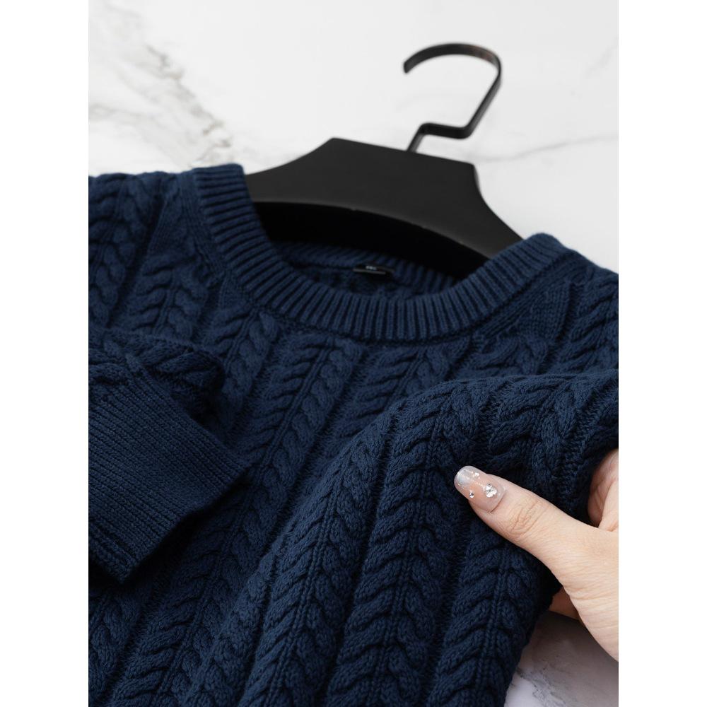 Men's Luxury All-Cotton Knitted Pullover - Thick, Solid Color, Velvet-Lined Cable Knit for Autumn and Winter