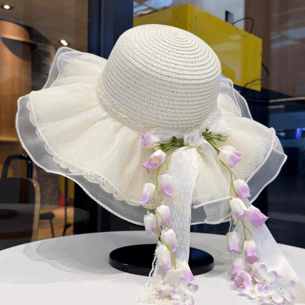Summer Bonnet Wide Brim Straw Hat Lace Bowknot Floral Tassel Sun Cap UV Protection Lightweight Mesh Beach Visor Sweet Girls