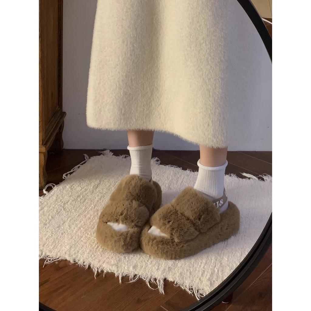 Casual soft-soled slippers women wear in autumn and winter, new thick-soled Mao Mao drags out and steps on shit, Internet celebrities popular Mao Mao