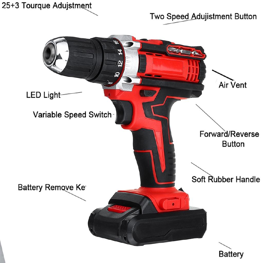 48v Electric Drill Cordless Screwdriver 2 Speed Driver Rechargeable 13000mah With 2 Li-ion Battery 3 In 1 110v 220V