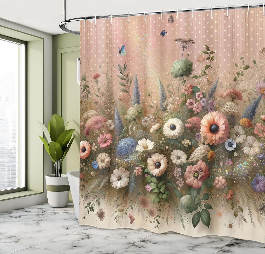 Floral Eucalyptus Shower Curtain, Creative Boho Wild Garden Bursting Into Flowers Vintage Botanic, Cloth Fabric Bathro