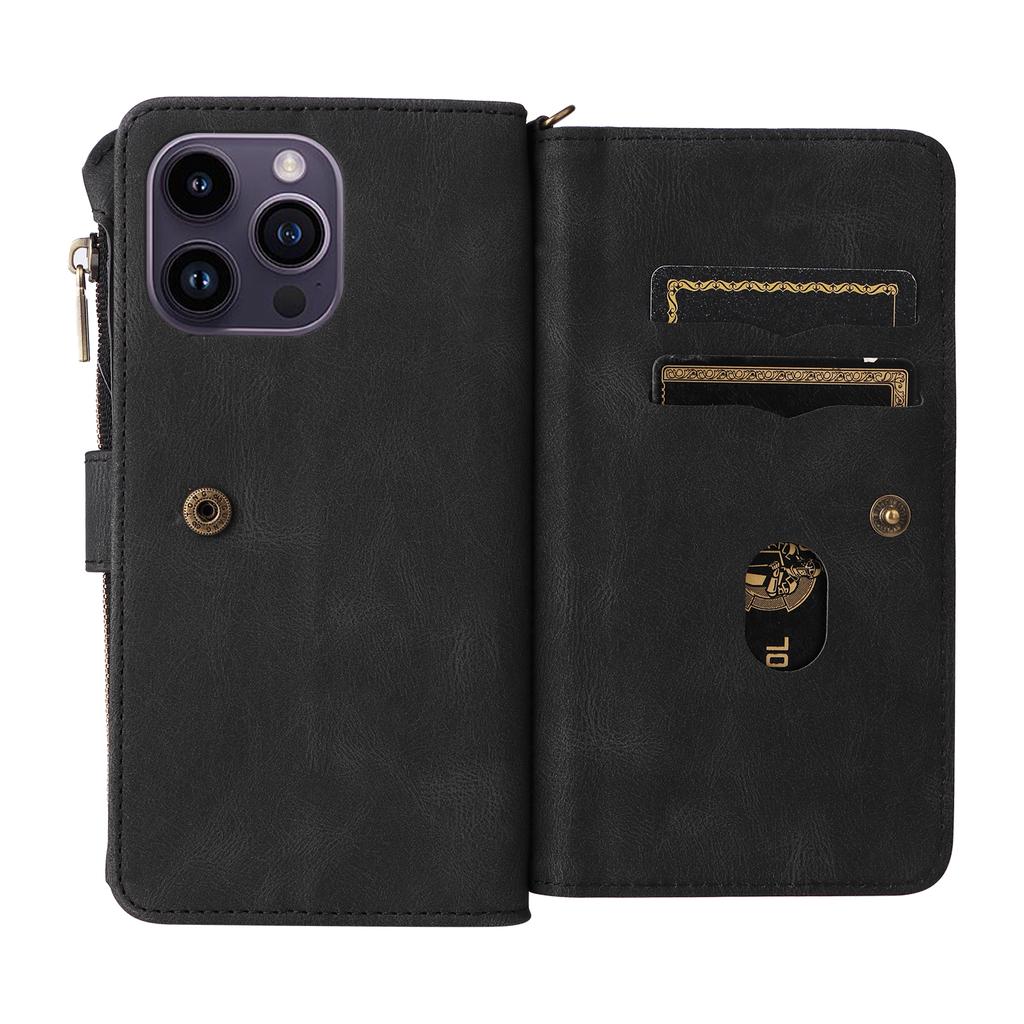 For iPhone 15 Pro Max Zipper Wallet Case with 15 Card Slots and Strap Leather Phone Cover