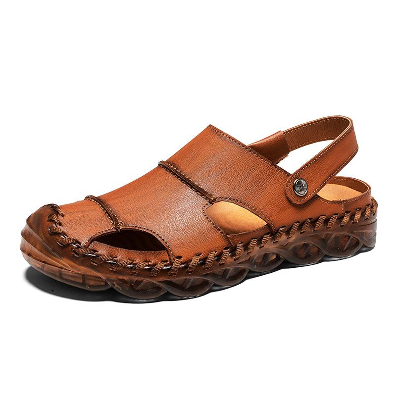 Summer Cowhide Closed Toe Men's Sandals Hollow Leather Sandals Men's Fashionable Leather Driving Soft Bottom Non-Slip Beach Shoes