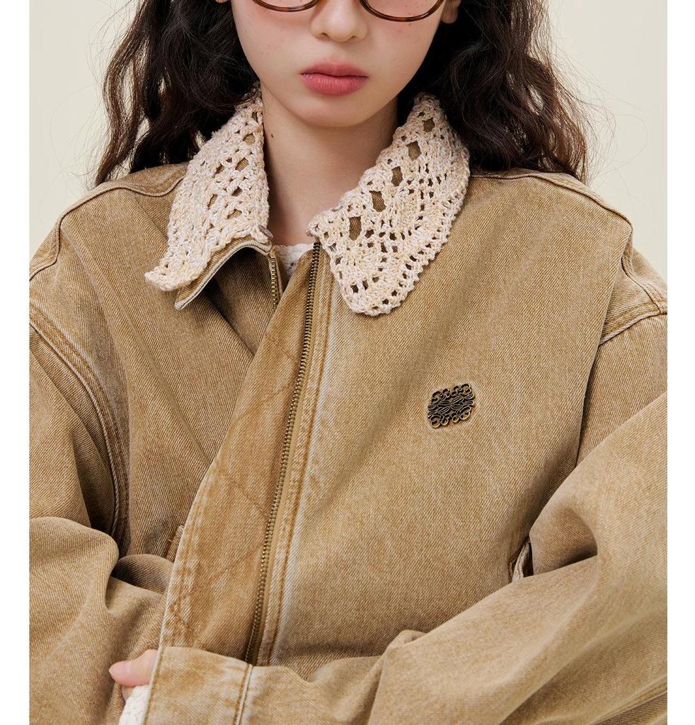 In Stock: Romantic Lace Denim Jacket with Detachable Knit Collar and Bud Hem - Girlish Style for Autumn