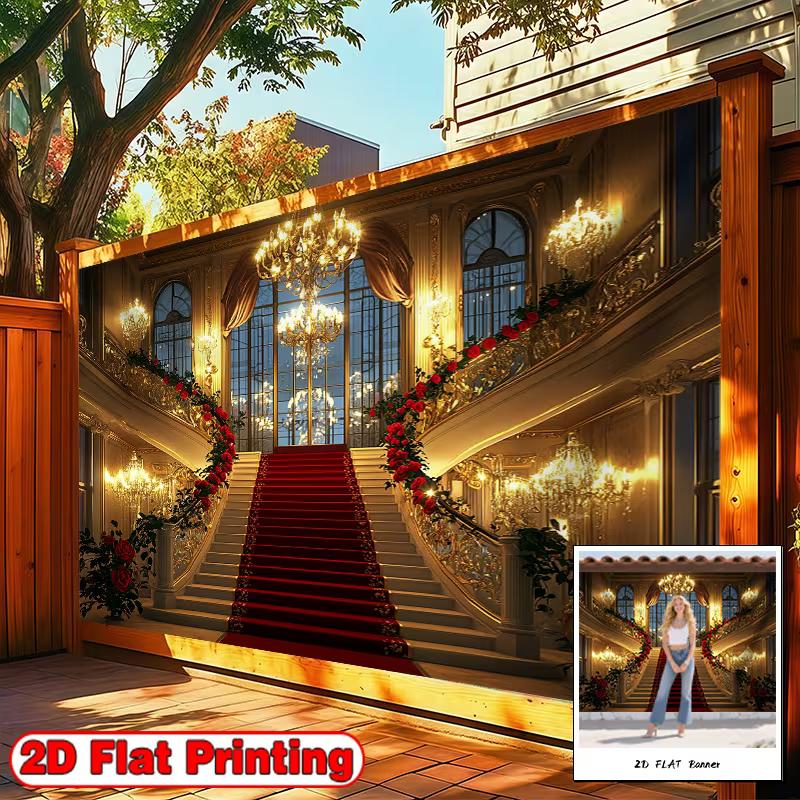 2D Luxuriöser Palast Treppenhaus Hintergrund, Vintage Goldener Ballsaal Roter Teppich Hochzeitsfotoshooting Dekor Banner