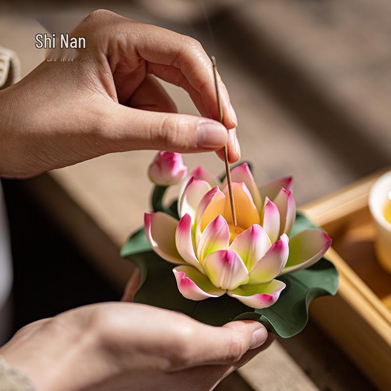 Ceramic Handmade Lotus Incense Holder - No Ash Falling, Indoor Stick Incense Base Ornament