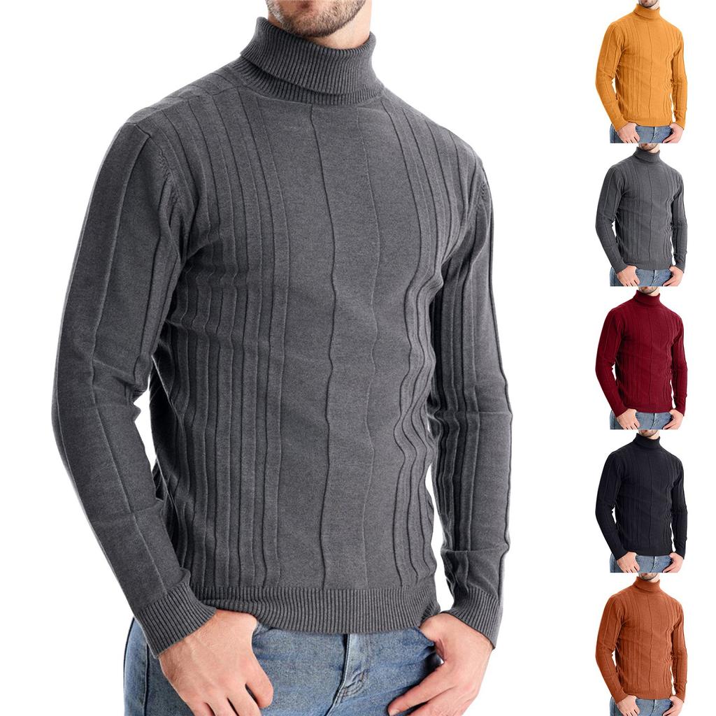 Men's Turtleneck Slim Striped Top Men's Loose Solid Color Casual Long Sleeve Sweater