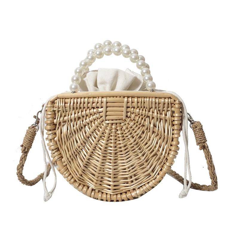 Handcrafted Bamboo Weave Tote Bag With Pearl Shoulder Strap For Beach Travel And Daily Use