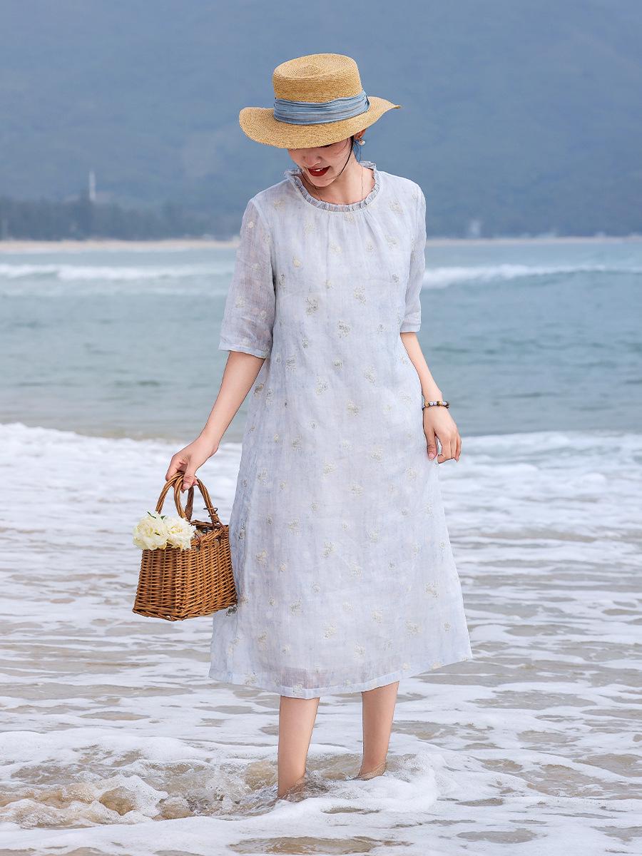 Elegant Retro Floral Ramie Maxi Dress - Women s Summer A-Line with Ruffled Lace Embroidery L