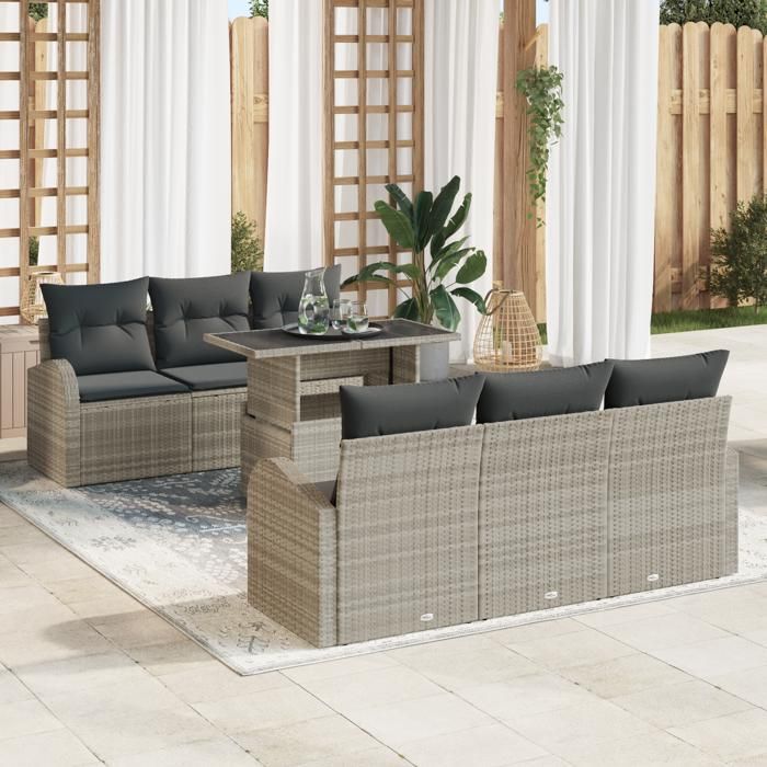 Ensemble de Canapés de Jardin 7 Pièces avec Coussins Gris Clair Poly Rattan, Canapé de Jardin 2 Places avec Rangement 3357305