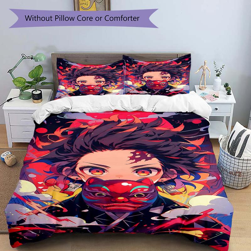 

3pcs Anime Character Kamado Tanjirou Printed Quilt Set - Includes 1 Quilt Cover and 2 Pillowcases, Machine Washable - Suitable for All Seasons.C0 135x200cm