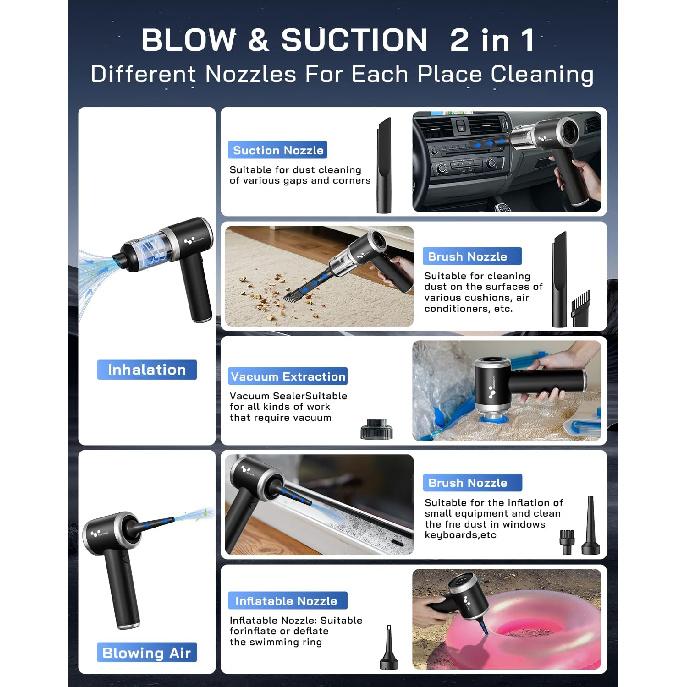 Helloleiboo Handstaubsauger für Auto 16000PA Auto Staubsauger Tragbar Kabellos 120W Hohe Leistung 4-in-1 Mini-Staubsauger Wiederaufladbar & Luftgebläse