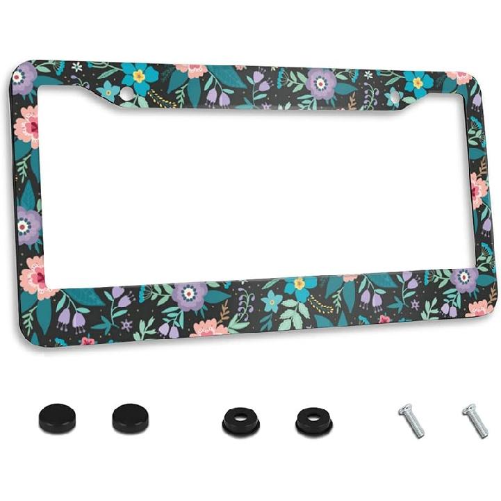 Aloha Hawaii Hibiscus Floral Flowers Colorful License Plate Frame Car License Plate Stainless Steel Accessory License Plate Decorative 2 Holes Screw