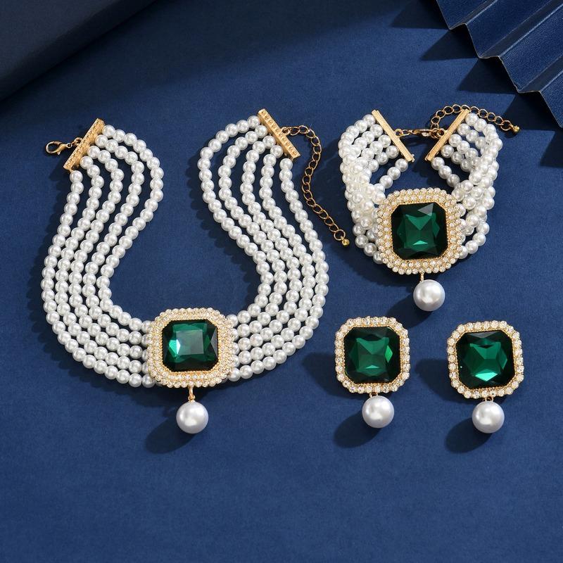 Retro color full diamond bracelet three-piece set light luxury high-end imitation pearl necklace jewelry women