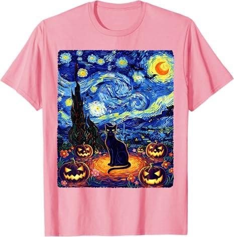Halloween Black Cat Van Gogh Starry Night Cat Costume Women TShirt Y2k Kitten Pumpkin Spooky Graphic Outfit Novelty Tee Gifts