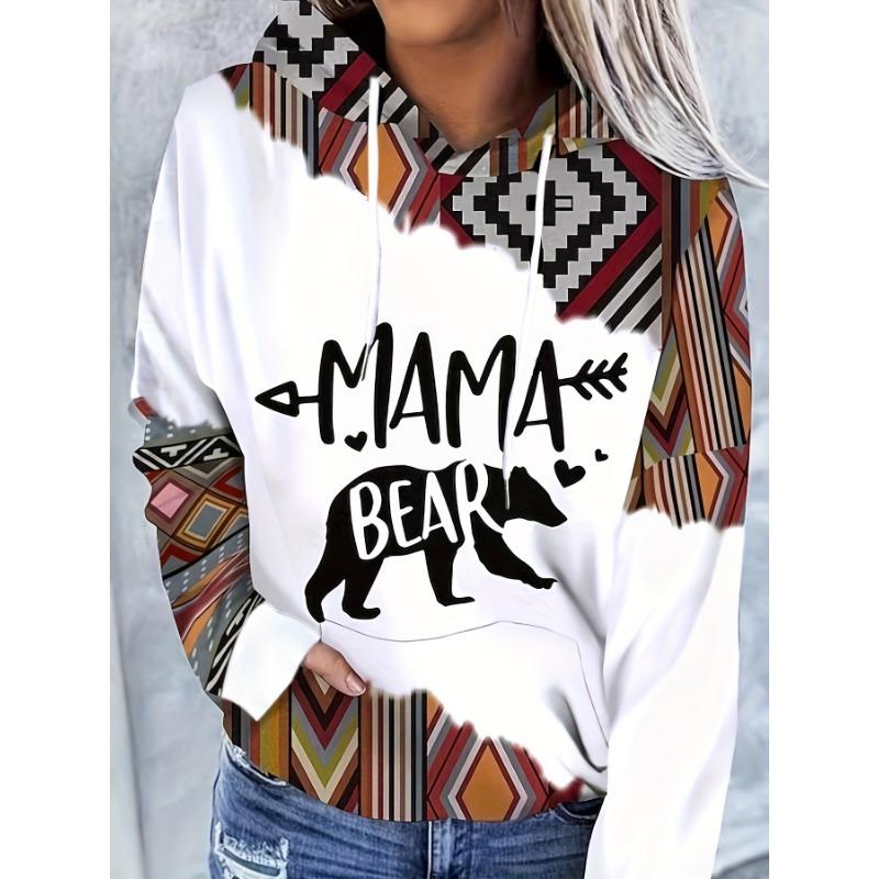 Mama Bear Printed Drawstring Hoodie, Casual Long-sleeved Shoulder-falling Hoodie, Women's Clothing
