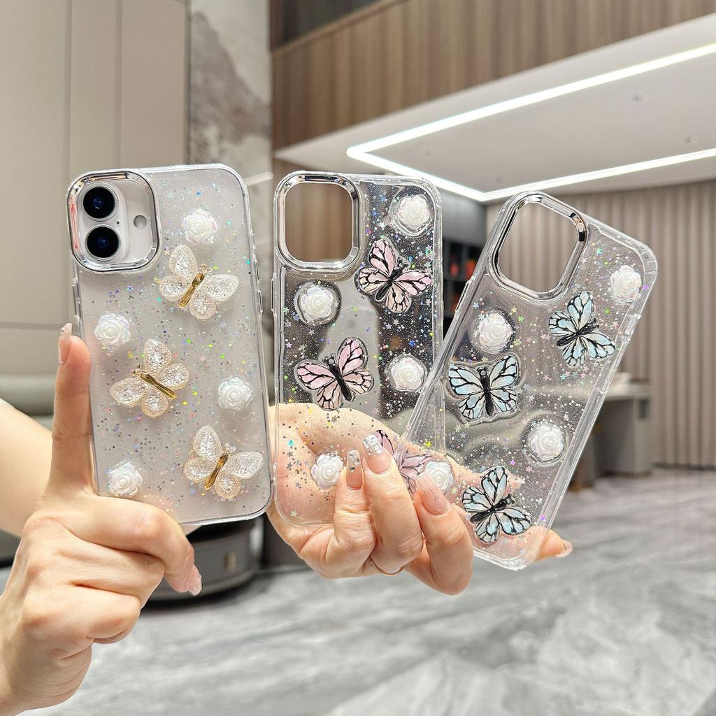 Three-color Crystal Butterfly Case Apple 16E Mobile Phone Case Epoxy for iPhone17/15/14 Internet Celebrity Mobile Phone Case