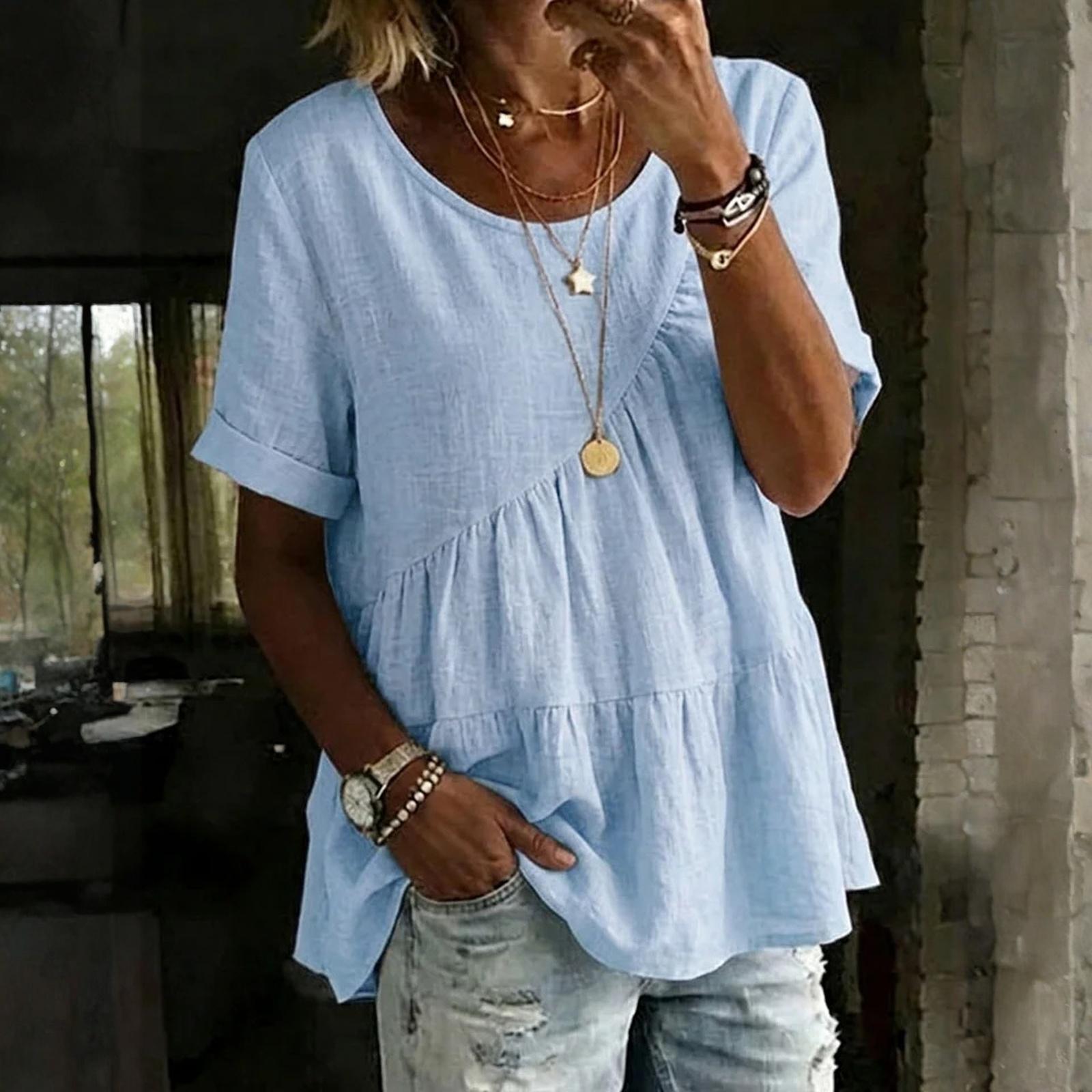 Women s Fashionable Casual Round-Neck Patchwork Short-Sleeve Loose-Fit Top L