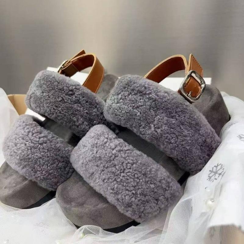 

Wear thick-soled heightening fluffy shoes for women s autumn and winter new fashion and leisure open-toed plush one-word cotton slippers tide 40 серый