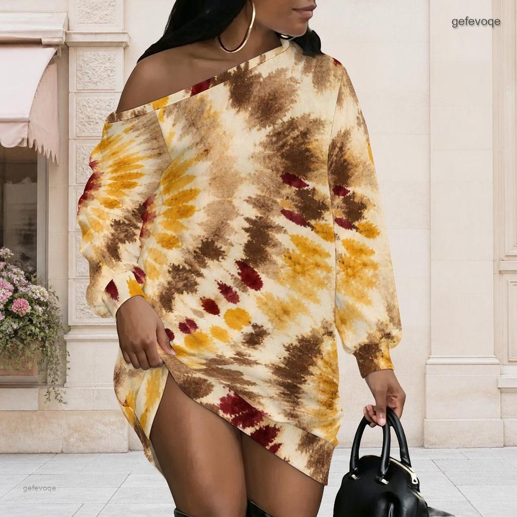 Women Plus Size One Shoulder Long Sleeve Abstract Geometric Print Asymmetric Hem Dress
