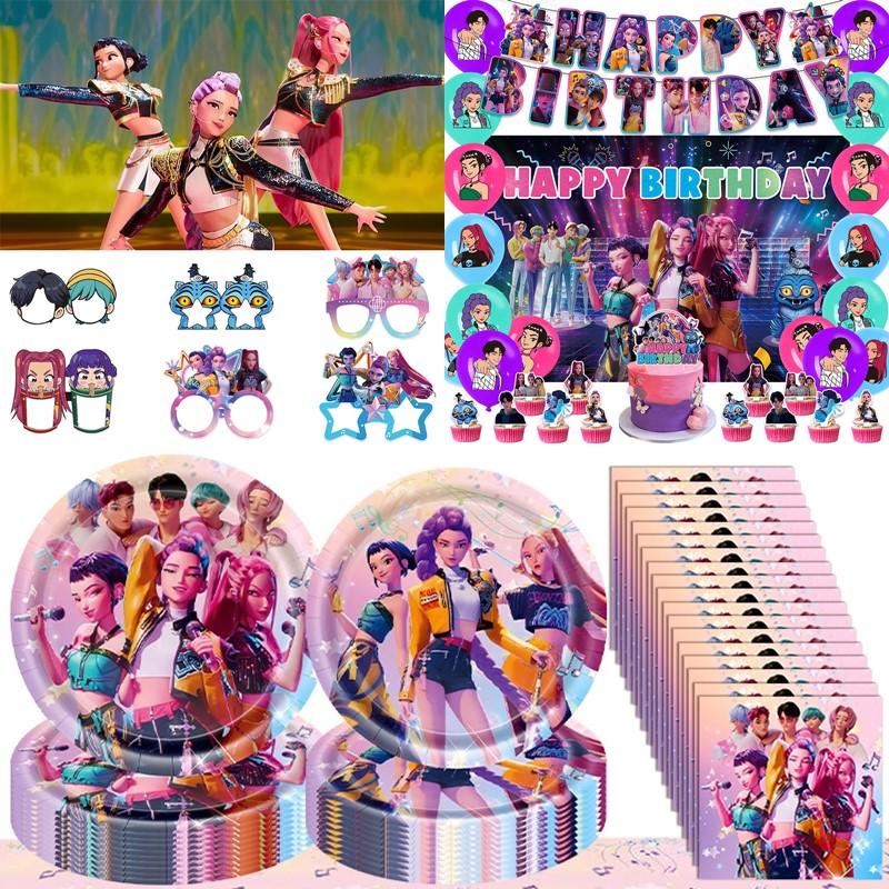 Kpop Demnn Huter Jednorázové nádobí Kpop Anime Huntrix Narozeninová párty potřeby Kelímky Talíře Vlaječky Dekor Pozadí Po Rekvizity