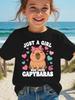 European sizes Capybara Print T-Shirt - Cute Capybara Face Capybara Phrases Summer Short Sleeve Round Neck Casual Girls Clothing