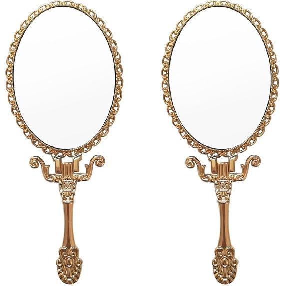 Handheld Mirror: 2 Pcs Vintage Vanity Mirror Makeup Mirror Vintage Oval Mirror Decorative Tabletop Stand Mirror Small Mirror Metal Foldable Oval 7.2 L x 3.6 W