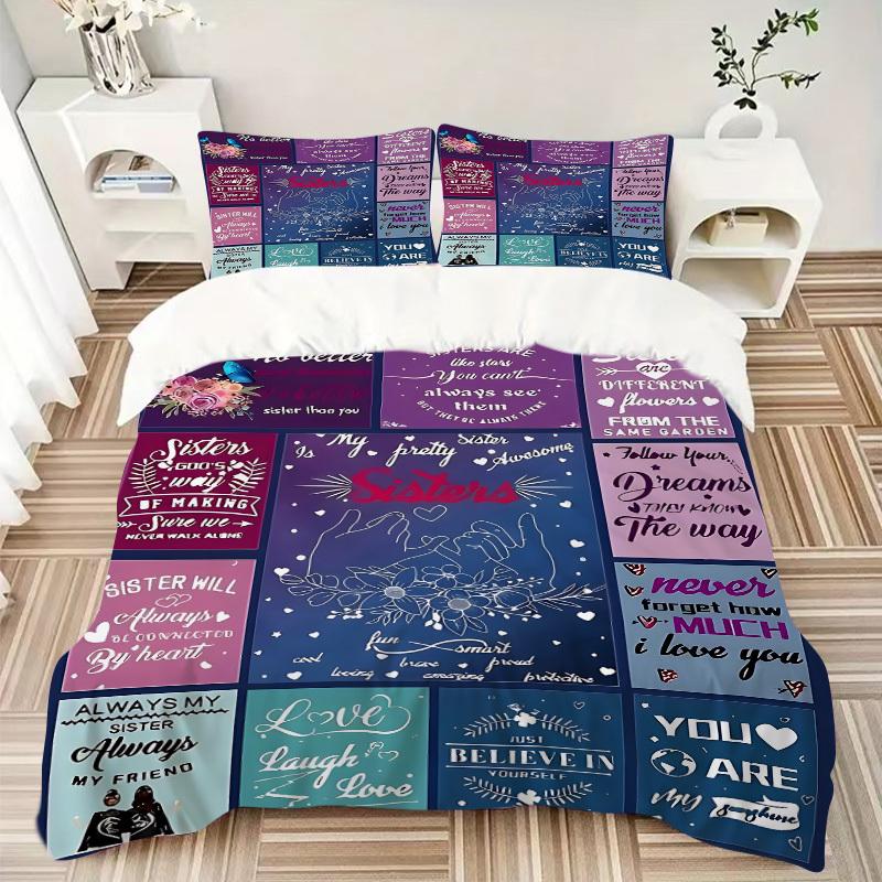 3PCs Sister Quotes Design Cover Set, Breathable Fabric, Machine Washable (1 Duvet Cover + 2 Pillowcases) (Without Quilt) Yy250911179