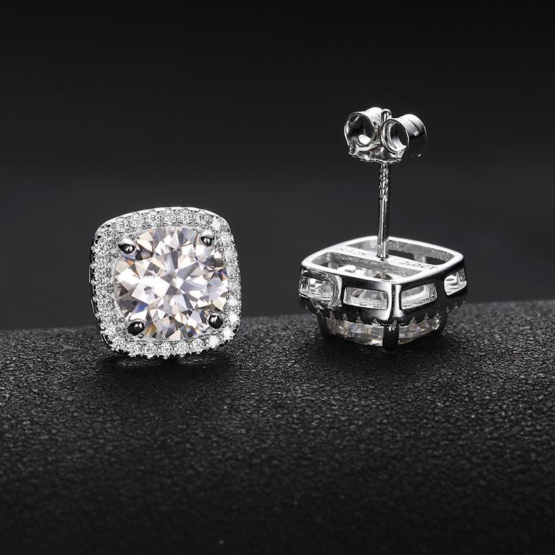 S925 Sterling Silver Moissanite Square Stud Earrings - 50 Points to 2 Carats, Light Luxury High-End Design