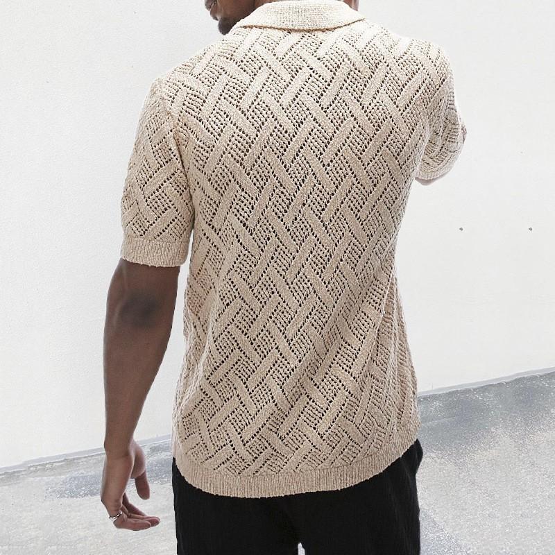 Mens Short Sleeve Polo Neck Knit Cardigan Hollow Out Slim Fit Young Adults