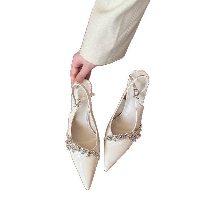 Sandals women's thin heels summer patent leather back empty single shoes pointed sexy rhinestones beautiful temperament versatile word with high heels