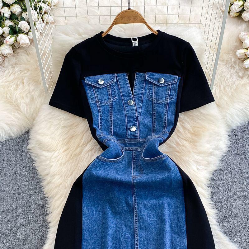 Elegant Korean Style Denim Patchwork A-Line T-Shirt Dress with Waist-Cinch and Short Sleeves