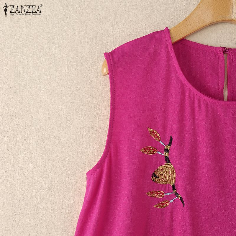 ZANZEA Women Casual Round Neck Sleeveless Embroidery Summer Tank Tops