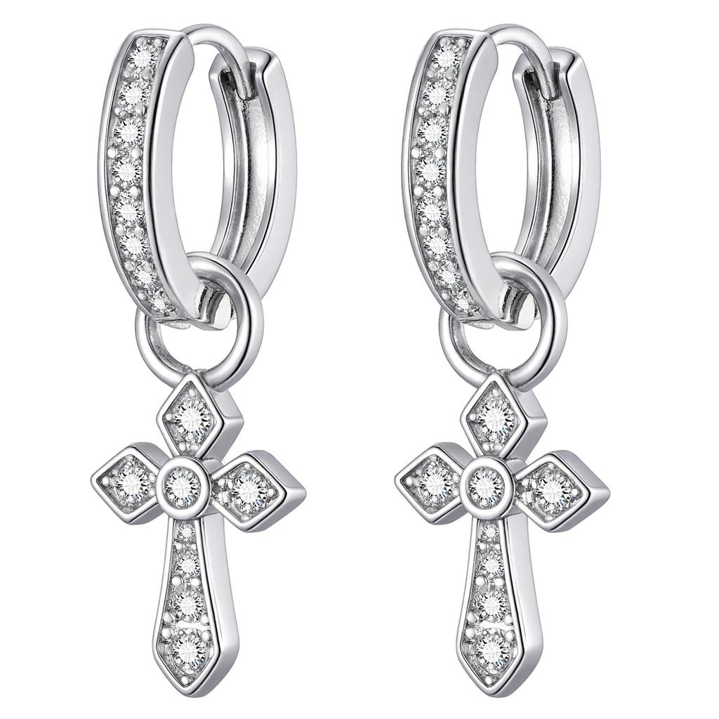 Vnox Cross Pendant Hoop Earrings for Men Boys, 27.6mm Silver Color Copper Zircon Punk Jewelry, Gothic Style Birthday Party Gifts