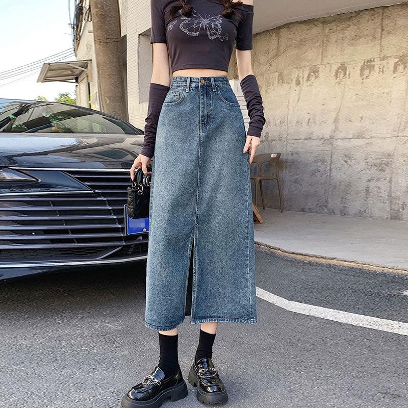 Front Split Female Summer High Waist Straight Covering Flesh A-Line Mid-Length Package Hip Skirt Versatile Comfortable Fashion Denim Bustier Skirt