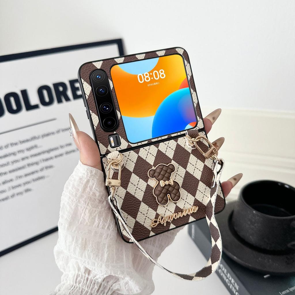 Applicable to Huawei purax mobile phone case plain leather rhombus X wide folding new bear portable belt lanyard protective case