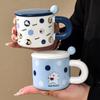 Cute Style Couple Water Cup Breakfast Cup Cartoon Blue Mug with Lid Ceramic Cup with Mixing Spoon