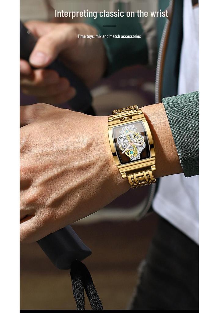Men's Waterproof Luminous Tourbillon Leather Watch with Fashionable Motorcycle Gear Design