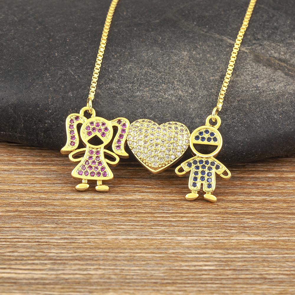 Nidin Hot Sale Family Love Mom Dad Son Daughter Necklace Girl Boy Heart Pendant Cubic Zirconia Couples Jewelry Gift Wholesale