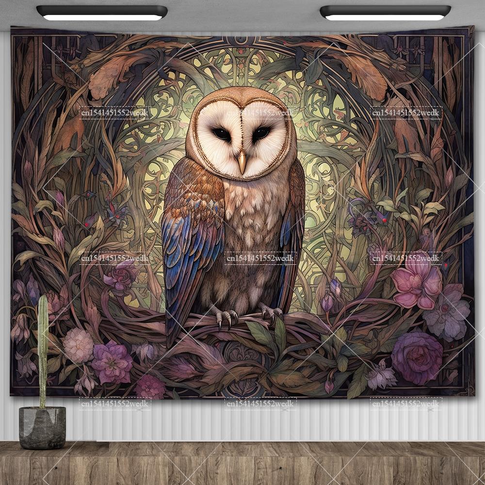 Lunar Sentinel Owl Tapestry Celestial Medieval Tapestrys Aesthetic Room Decor Witchy Occult Altar Cloth Tarot Background Cloths