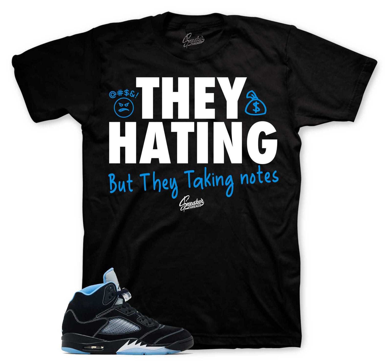 T-Shirt To Match Retro 5 Black Carolina AJ5 University Blue - They Hating Tees S