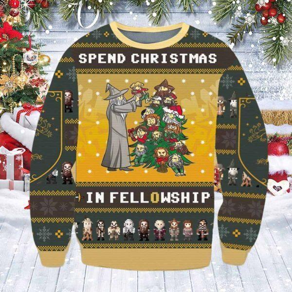 Lord of the Rings Spend Christmas In Fellowship Ugly Christmas Sweater Unisex T-Shirt XXL