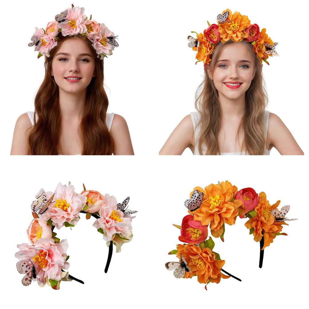 Fabric Flower Headband for Music Festival with Butterfly Decors Music Festival Accessory Hairhoop Wedding Bride Headwear