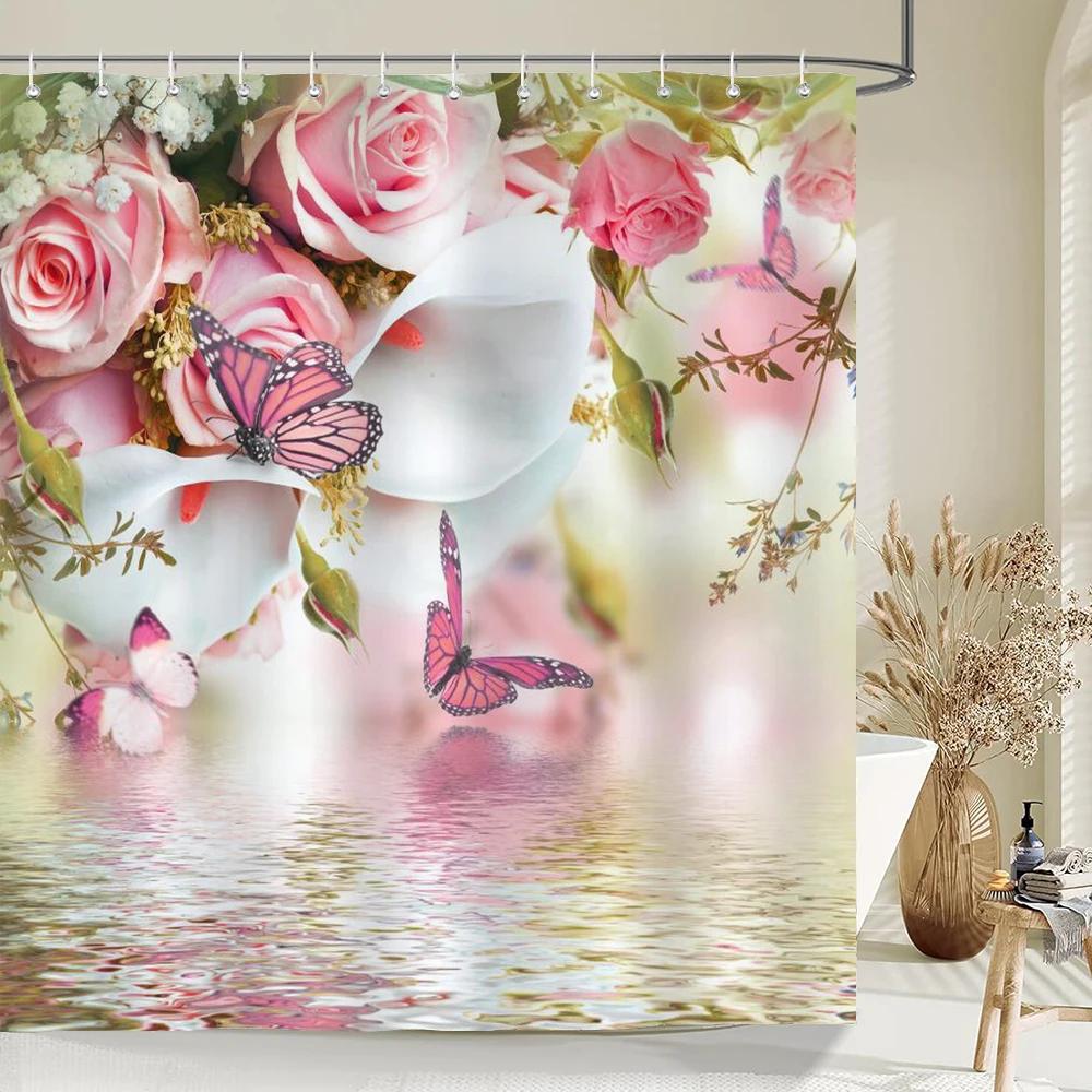 Flower Butterfly Tulip Bath Curtain Waterproof Fabric Shower Curtains Floral Leaf Bathtub Screen for Bathroom Home Decor