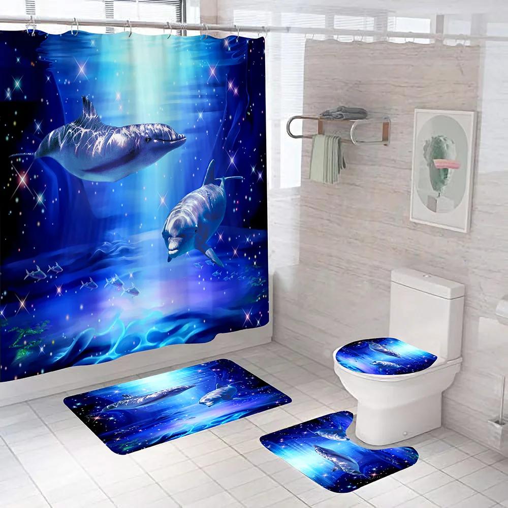 Ocean Dolphin Bathroom Set Animal Waterproof Fabric Shower Curtain Set Sea Scenery Pedestal Rugs Flannel Toilet Cover Bath Mats
