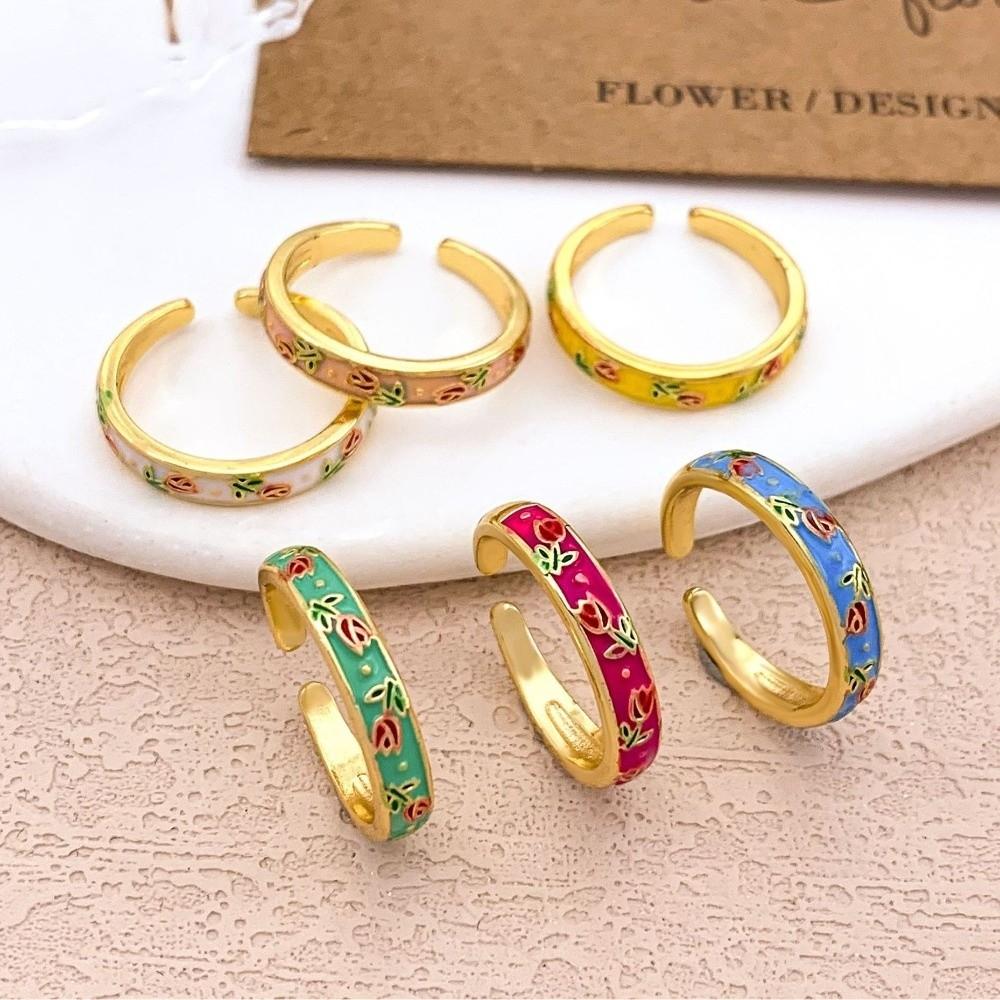 Flower Enamel Open Ring Unique Adjustable Tulip Ring Vintage Geometric Ring Fashion Jewelry
