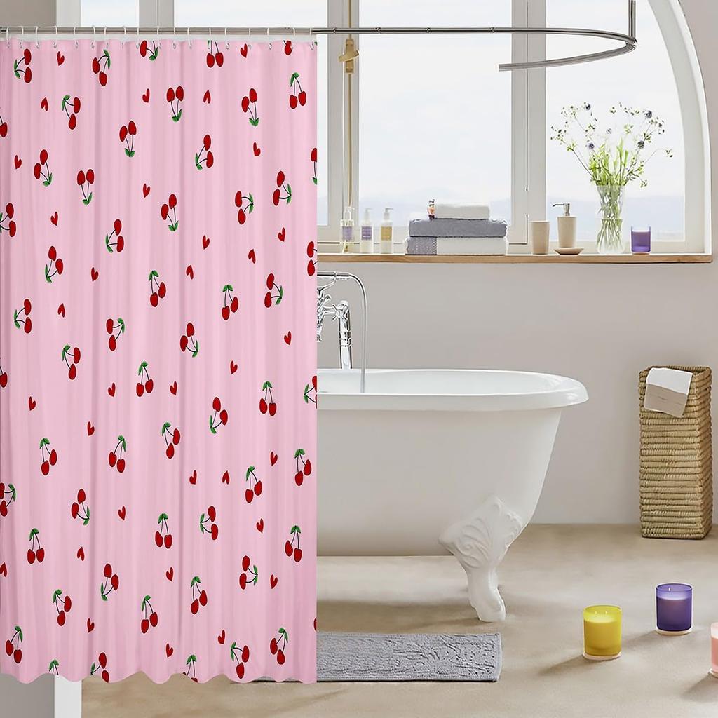 Kids Cherry Bathroom Shower Curtain Set Cherry Pattern Shower Curtain Boys Girls Cute Fruit Bath Curtain for Cartoon Fruit