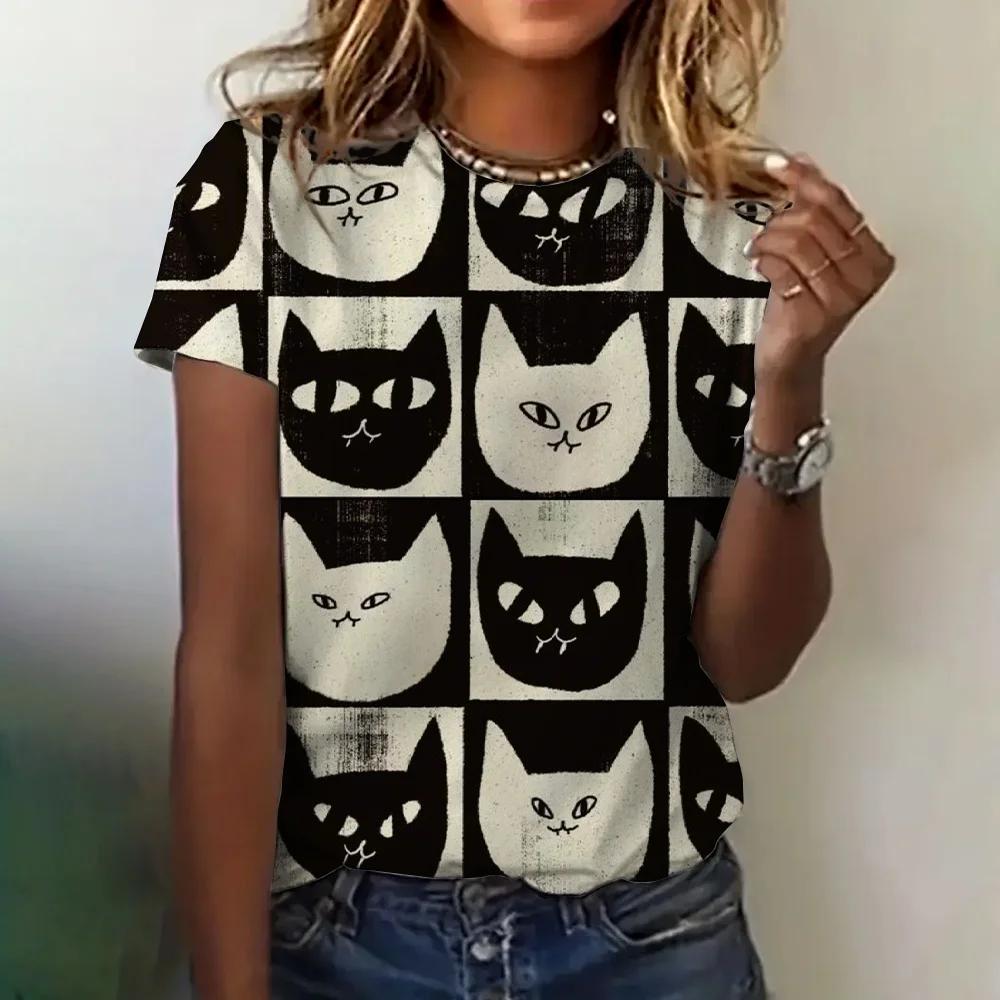 Women's T-shirt Summer Cartoon Cat 3D Printed T-shirt Women's Fashion Casual Round Neck Short Sleeve T-shirt Women's Top T-shirt Elegant